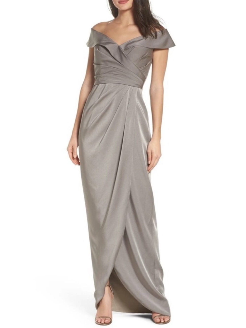 LA FEMME Surplice Off the Shoulder Column Gown Pewter Size 10 Dress